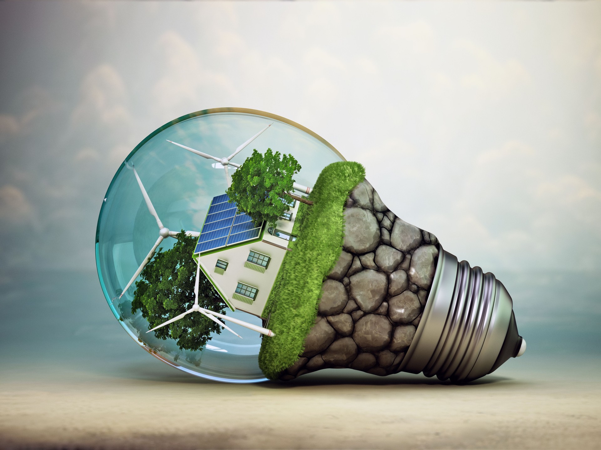 Green House With Wind Turbines Inside A Lightbulb. Eco Business Concept